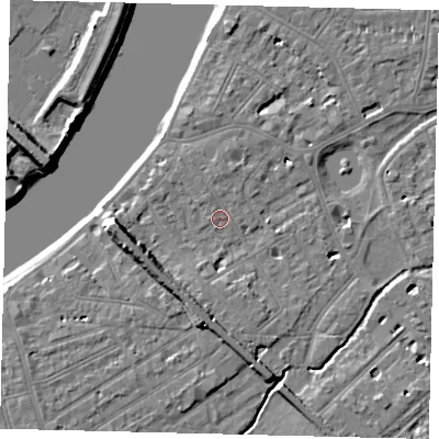 Shaded relief map of the ground around SW130HQ, computed from Environment Agency LiDAR. The ground here sits at about 5 m above sea level and falls 9 m across the surrounding 800 m. Surface water reaching this point runs off ground lying to the south-south-west, 2.3 m higher.