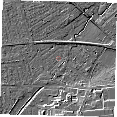 Shaded relief map of the ground around SW130JR, computed from Environment Agency LiDAR. The ground here sits at about 6 m above sea level and falls 13 m across the surrounding 800 m. Surface water reaching this point runs off ground lying to the south-south-east, 3.0 m higher.