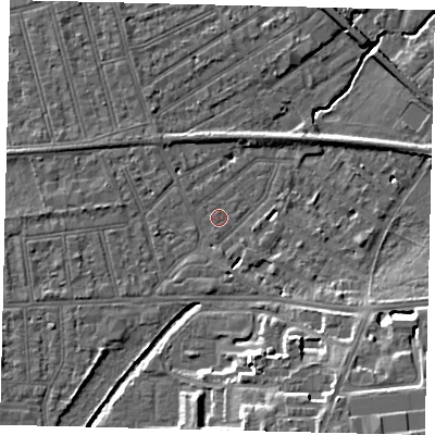 Shaded relief map of the ground around SW130JS, computed from Environment Agency LiDAR. The ground here sits at about 6 m above sea level and falls 14 m across the surrounding 800 m. Surface water reaching this point runs off ground lying to the south-west, 2.1 m higher.