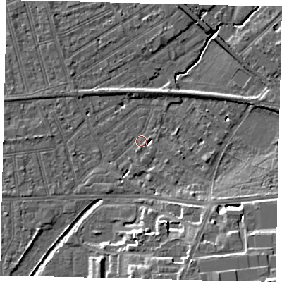 Shaded relief map of the ground around SW130JT, computed from Environment Agency LiDAR. The ground here sits at about 6 m above sea level and falls 15 m across the surrounding 800 m. Surface water reaching this point runs off ground lying to the south-south-east, 3.0 m higher.
