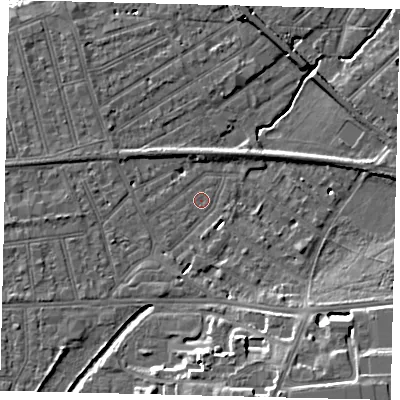 Shaded relief map of the ground around SW130JU, computed from Environment Agency LiDAR. The ground here sits at about 6 m above sea level and falls 14 m across the surrounding 800 m. Surface water reaching this point runs off ground lying to the south-west, 0.6 m higher.