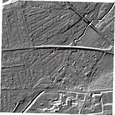 Shaded relief map of the ground around SW130JX, computed from Environment Agency LiDAR. The ground here sits at about 6 m above sea level and falls 14 m across the surrounding 800 m. Surface water reaching this point runs off ground lying to the south-west, 0.6 m higher.