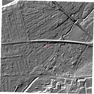 Shaded relief map of the ground around SW130JY, computed from Environment Agency LiDAR. The ground here sits at about 6 m above sea level and falls 13 m across the surrounding 800 m. Surface water reaching this point runs off ground lying to the south-south-west, 0.6 m higher.