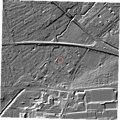 Shaded relief map of the ground around SW130JZ, computed from Environment Agency LiDAR. The ground here sits at about 6 m above sea level and falls 13 m across the surrounding 800 m. Surface water reaching this point runs off ground lying to the south, 13.1 m higher.