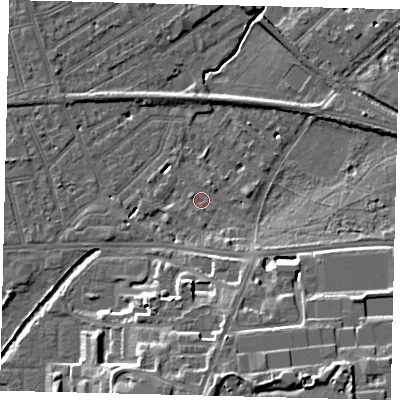 Shaded relief map of the ground around SW130LA, computed from Environment Agency LiDAR. The ground here sits at about 6 m above sea level and falls 16 m across the surrounding 800 m. Surface water reaching this point runs off ground lying to the south-south-east, 11.7 m higher.