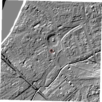 Shaded relief map of the ground around SW130LF, computed from Environment Agency LiDAR. The ground here sits at about 4 m above sea level and falls 9 m across the surrounding 800 m. Surface water reaching this point runs off ground lying to the south-south-east, 1.9 m higher.