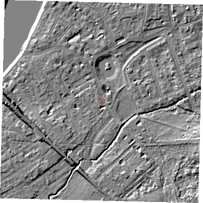 Shaded relief map of the ground around SW130LP, computed from Environment Agency LiDAR. The ground here sits at about 4 m above sea level and falls 9 m across the surrounding 800 m. Surface water reaching this point runs off ground lying to the south-south-west, 2.8 m higher.