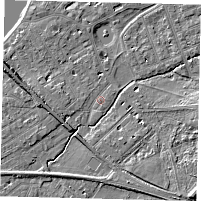 Shaded relief map of the ground around SW130LR, computed from Environment Agency LiDAR. The ground here sits at about 5 m above sea level and falls 12 m across the surrounding 800 m. Surface water reaching this point runs off ground lying to the west-south-west, 4.2 m higher.