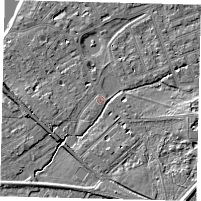 Shaded relief map of the ground around SW130LS, computed from Environment Agency LiDAR. The ground here sits at about 5 m above sea level and falls 11 m across the surrounding 800 m. Surface water reaching this point runs off ground lying to the south-east, 9.3 m higher.