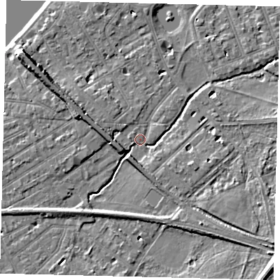 Shaded relief map of the ground around SW130LU, computed from Environment Agency LiDAR. The ground here sits at about 5 m above sea level and falls 11 m across the surrounding 800 m. Surface water reaching this point runs off ground lying to the west-north-west, 5.7 m higher.