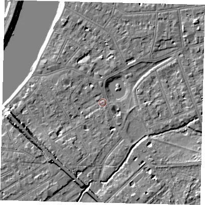 Shaded relief map of the ground around SW130LW, computed from Environment Agency LiDAR. The ground here sits at about 5 m above sea level and falls 9 m across the surrounding 800 m. Surface water reaching this point runs off ground lying to the south-west, 4.5 m higher.