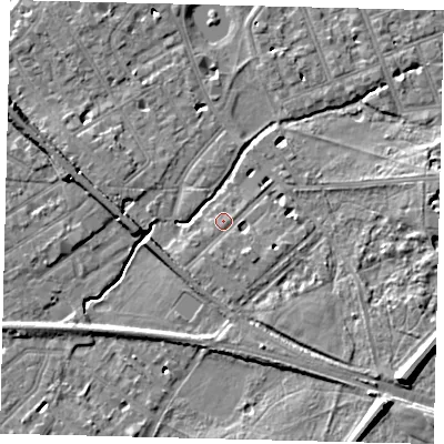 Shaded relief map of the ground around SW130LX, computed from Environment Agency LiDAR. The ground here sits at about 5 m above sea level and falls 12 m across the surrounding 800 m. Surface water reaching this point runs off ground lying to the south-west, 2.1 m higher.