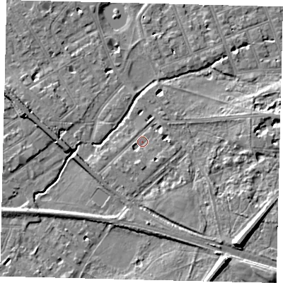 Shaded relief map of the ground around SW130NA, computed from Environment Agency LiDAR. The ground here sits at about 5 m above sea level and falls 11 m across the surrounding 800 m. Surface water reaching this point runs off ground lying to the south-west, 3.8 m higher.
