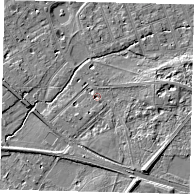 Shaded relief map of the ground around SW130NB, computed from Environment Agency LiDAR. The ground here sits at about 5 m above sea level and falls 11 m across the surrounding 800 m. Surface water reaching this point runs off ground lying to the south-south-east, 8.4 m higher.