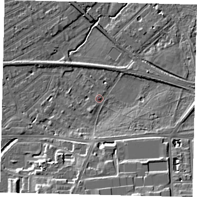 Shaded relief map of the ground around SW130NE, computed from Environment Agency LiDAR. The ground here sits at about 7 m above sea level and falls 15 m across the surrounding 800 m. Surface water reaching this point runs off ground lying to the south-south-east, 12.2 m higher.