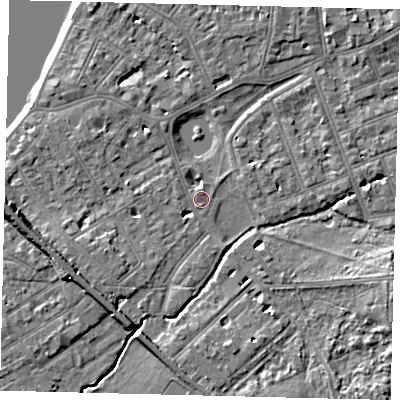 Shaded relief map of the ground around SW130NH, computed from Environment Agency LiDAR. The ground here sits at about 5 m above sea level and falls 9 m across the surrounding 800 m. Surface water reaching this point runs off ground lying to the north-west, 0.8 m higher.