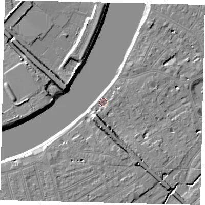 Shaded relief map of the ground around SW130NL, computed from Environment Agency LiDAR. The ground here sits at about 4 m above sea level and falls 9 m across the surrounding 800 m. Surface water reaching this point runs off ground lying to the south-south-west, 6.5 m higher.