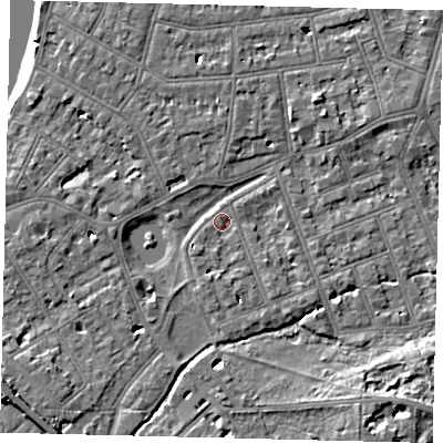 Shaded relief map of the ground around SW130NN, computed from Environment Agency LiDAR. The ground here sits at about 4 m above sea level and falls 8 m across the surrounding 800 m. Surface water reaching this point runs off ground lying to the south, 1.6 m higher.
