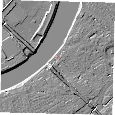Shaded relief map of the ground around SW130NP, computed from Environment Agency LiDAR. The ground here sits at about 5 m above sea level and falls 9 m across the surrounding 800 m. Surface water reaching this point runs off ground lying to the south-south-west, 6.5 m higher.