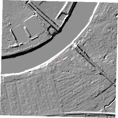 Shaded relief map of the ground around SW130NR, computed from Environment Agency LiDAR. The ground here sits at about 5 m above sea level and falls 9 m across the surrounding 800 m. Surface water reaching this point runs off ground lying to the south-west, 3.5 m higher.