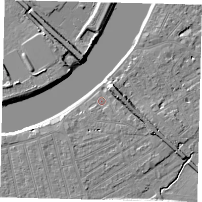 Shaded relief map of the ground around SW130NS, computed from Environment Agency LiDAR. The ground here sits at about 5 m above sea level and falls 9 m across the surrounding 800 m. Surface water reaching this point runs off ground lying to the south, 1.3 m higher.