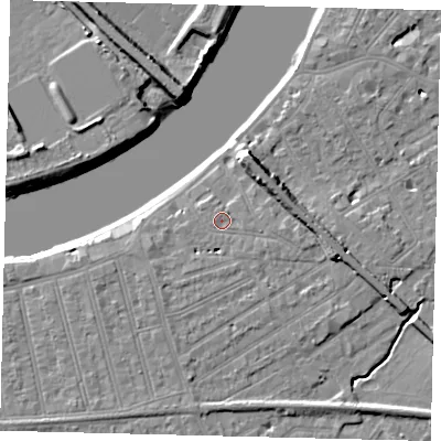 Shaded relief map of the ground around SW130NT, computed from Environment Agency LiDAR. The ground here sits at about 6 m above sea level and falls 9 m across the surrounding 800 m. Surface water reaching this point runs off ground lying to the east-south-east, 1.0 m higher.