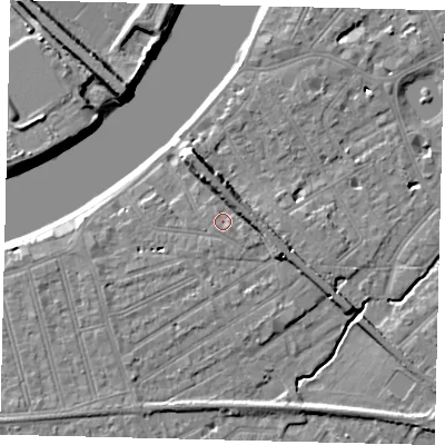 Shaded relief map of the ground around SW130NU, computed from Environment Agency LiDAR. The ground here sits at about 6 m above sea level and falls 9 m across the surrounding 800 m. Surface water reaching this point runs off ground lying to the north-east, 3.9 m higher.