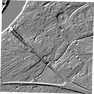 Shaded relief map of the ground around SW130PG, computed from Environment Agency LiDAR. The ground here sits at about 5 m above sea level and falls 9 m across the surrounding 800 m. Surface water reaching this point runs off ground lying to the west-north-west, 1.6 m higher.