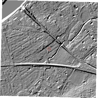 Shaded relief map of the ground around SW130PJ, computed from Environment Agency LiDAR. The ground here sits at about 6 m above sea level and falls 9 m across the surrounding 800 m. Surface water reaching this point runs off ground lying to the north-north-west, 1.8 m higher.