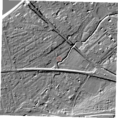 Shaded relief map of the ground around SW130PL, computed from Environment Agency LiDAR. The ground here sits at about 5 m above sea level and falls 10 m across the surrounding 800 m. Surface water reaching this point runs off ground lying to the south-south-west, 2.5 m higher.