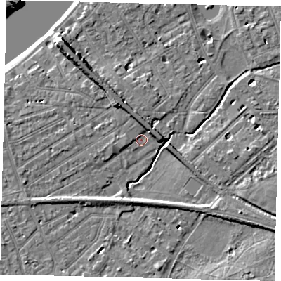 Shaded relief map of the ground around SW130PQ, computed from Environment Agency LiDAR. The ground here sits at about 5 m above sea level and falls 9 m across the surrounding 800 m. Surface water reaching this point runs off ground lying to the north-north-west, 3.3 m higher.