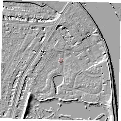 Shaded relief map of the ground around SW138AA, computed from Environment Agency LiDAR. The ground here sits at about 4 m above sea level and falls 8 m across the surrounding 800 m. Surface water reaching this point runs off ground lying to the south-west, 5.2 m higher.