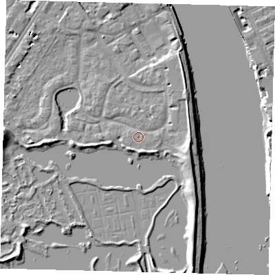 Shaded relief map of the ground around SW138AB, computed from Environment Agency LiDAR. The ground here sits at about 5 m above sea level and falls 8 m across the surrounding 800 m. Surface water reaching this point runs off ground lying to the west, 0.5 m higher.