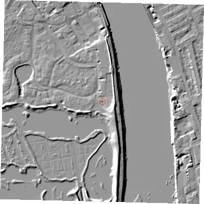 Shaded relief map of the ground around SW138AG, computed from Environment Agency LiDAR. The ground here sits at about 4 m above sea level and falls 7 m across the surrounding 800 m. Surface water reaching this point runs off ground lying to the south-east, 3.2 m higher.