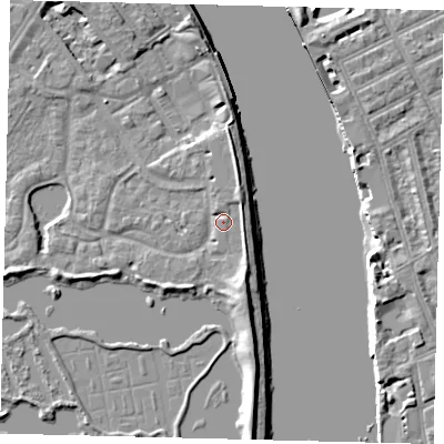 Shaded relief map of the ground around SW138AH, computed from Environment Agency LiDAR. The ground here sits at about 5 m above sea level and falls 7 m across the surrounding 800 m. Surface water reaching this point runs off ground lying to the south-south-east, 3.6 m higher.