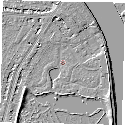 Shaded relief map of the ground around SW138AL, computed from Environment Agency LiDAR. The ground here sits at about 4 m above sea level and falls 8 m across the surrounding 800 m. Surface water reaching this point runs off ground lying to the south-west, 2.1 m higher.