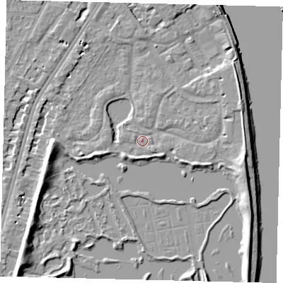Shaded relief map of the ground around SW138BG, computed from Environment Agency LiDAR. The ground here sits at about 5 m above sea level and falls 8 m across the surrounding 800 m. Surface water reaching this point runs off ground lying to the south-east, 1.0 m higher.