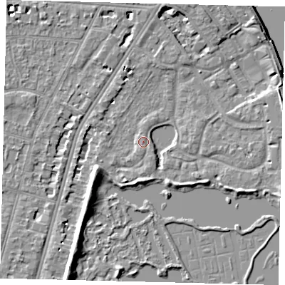 Shaded relief map of the ground around SW138DA, computed from Environment Agency LiDAR. The ground here sits at about 5 m above sea level and falls 8 m across the surrounding 800 m. Surface water reaching this point runs off ground lying to the east-north-east, 3.5 m higher.