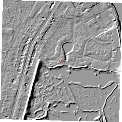 Shaded relief map of the ground around SW138DB, computed from Environment Agency LiDAR. The ground here sits at about 5 m above sea level and falls 8 m across the surrounding 800 m. Surface water reaching this point runs off ground lying to the north, 0.7 m higher.