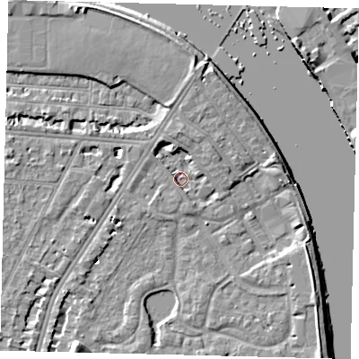 Shaded relief map of the ground around SW138DL, computed from Environment Agency LiDAR. The ground here sits at about 3 m above sea level and falls 8 m across the surrounding 800 m. Surface water reaching this point runs off ground lying to the north-north-east, 5.7 m higher.