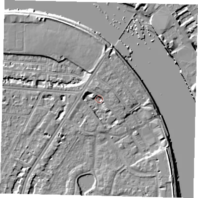 Shaded relief map of the ground around SW138DP, computed from Environment Agency LiDAR. The ground here sits at about 3 m above sea level and falls 7 m across the surrounding 800 m. Surface water reaching this point runs off ground lying to the north-north-east, 4.4 m higher.