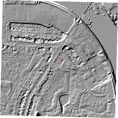 Shaded relief map of the ground around SW138DQ, computed from Environment Agency LiDAR. The ground here sits at about 4 m above sea level and falls 8 m across the surrounding 800 m. Surface water reaching this point runs off ground lying to the north-north-east, 4.4 m higher.