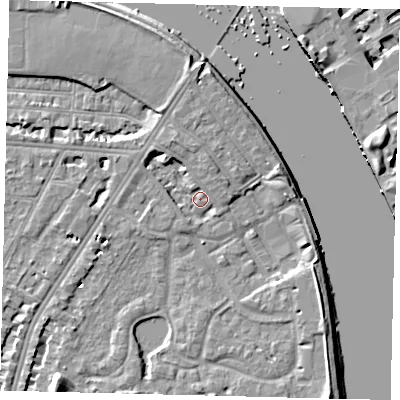 Shaded relief map of the ground around SW138DS, computed from Environment Agency LiDAR. The ground here sits at about 4 m above sea level and falls 8 m across the surrounding 800 m. Surface water reaching this point runs off ground lying to the south-west, 7.2 m higher.