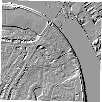 Shaded relief map of the ground around SW138DU, computed from Environment Agency LiDAR. The ground here sits at about 5 m above sea level and falls 7 m across the surrounding 800 m. Surface water reaching this point runs off ground lying to the north-west, 1.7 m higher.