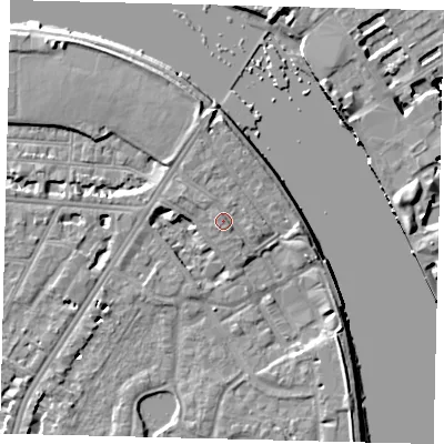 Shaded relief map of the ground around SW138DX, computed from Environment Agency LiDAR. The ground here sits at about 6 m above sea level and falls 11 m across the surrounding 800 m. Surface water reaching this point runs off ground lying to the north-north-west, 1.4 m higher.