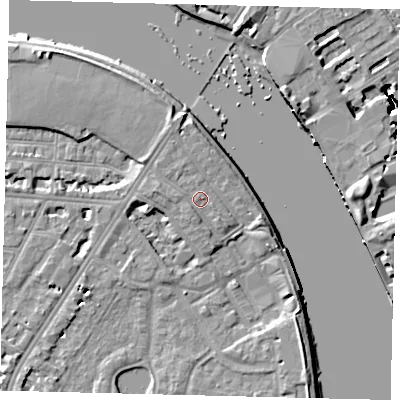 Shaded relief map of the ground around SW138DY, computed from Environment Agency LiDAR. The ground here sits at about 6 m above sea level and falls 16 m across the surrounding 800 m. Surface water reaching this point runs off ground lying to the north-north-west, 1.3 m higher.