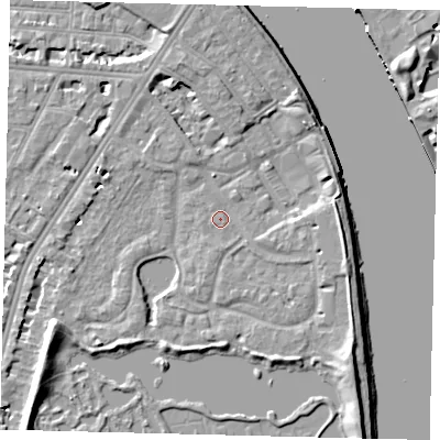 Shaded relief map of the ground around SW138EB, computed from Environment Agency LiDAR. The ground here sits at about 4 m above sea level and falls 8 m across the surrounding 800 m. Surface water reaching this point runs off ground lying to the west-south-west, 7.2 m higher.