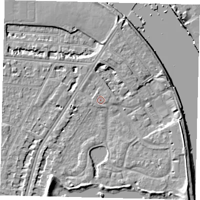 Shaded relief map of the ground around SW138EF, computed from Environment Agency LiDAR. The ground here sits at about 4 m above sea level and falls 8 m across the surrounding 800 m. Surface water reaching this point runs off ground lying to the north-north-west, 0.6 m higher.