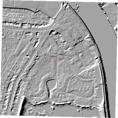 Shaded relief map of the ground around SW138EH, computed from Environment Agency LiDAR. The ground here sits at about 4 m above sea level and falls 8 m across the surrounding 800 m. Surface water reaching this point runs off ground lying to the south-west, 5.2 m higher.