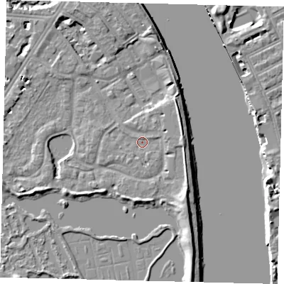 Shaded relief map of the ground around SW138EJ, computed from Environment Agency LiDAR. The ground here sits at about 4 m above sea level and falls 7 m across the surrounding 800 m. Surface water reaching this point runs off ground lying to the south-east, 3.6 m higher.